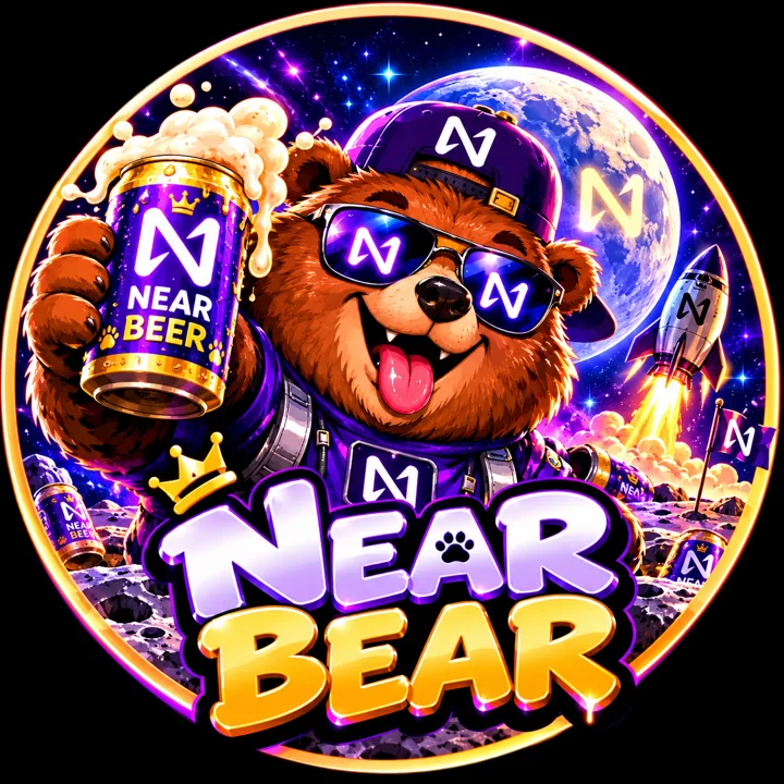 NEAR BEAR mascot wearing sunglasses and holding a foamy NEAR BEER can