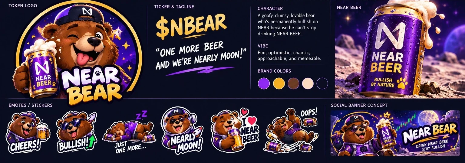 NEAR BEAR branding board with mascot logo, purple NEAR BEER can, palette, and funny bear stickers