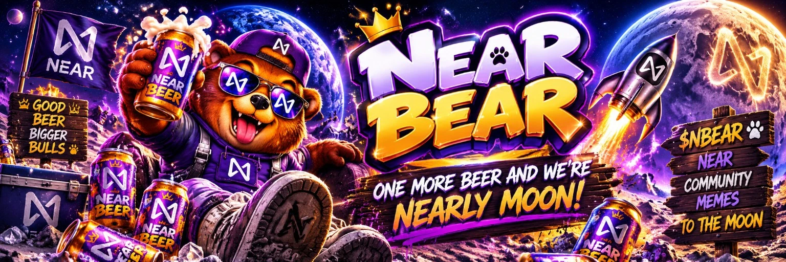 Goofy NEAR BEAR in purple astronaut gear lounging on the moon, raising a fictional NEAR BEER can